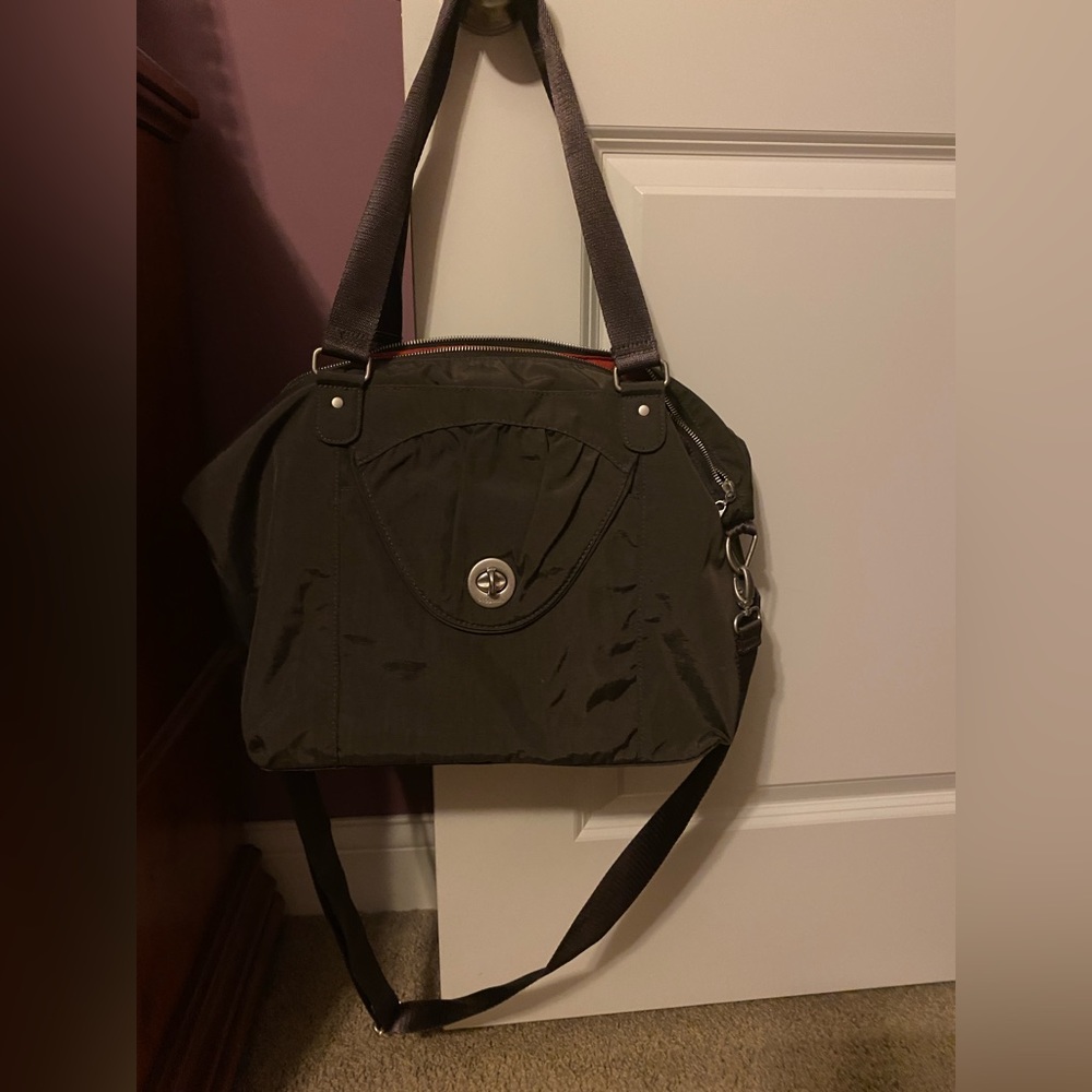 Baggallini Charcoal Grey with red lined interior Crossbody Shoulder Laptop Bag
